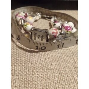 Beaded Bracelet Photo Frame Charms Floral Rose Garden Silver Tone Jewelry